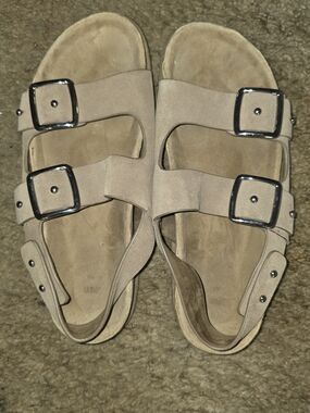 Zara Beige Suede Double-Buckle Slide Sandals